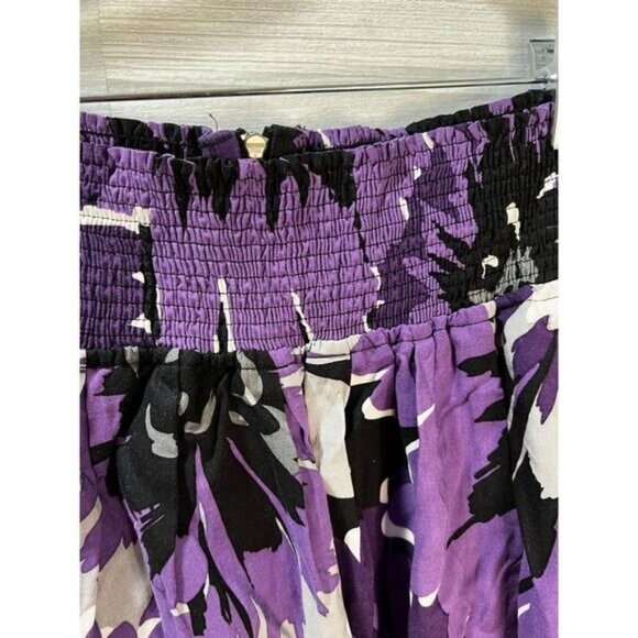 Smocked Waist Purple & Black Floral Print A-Line Mini Skirt Small - Picture 5 of 6